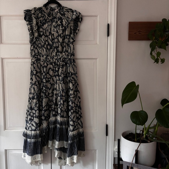Ulla Johnson‎ Amalia Dress Indigo Batik Print High Low Midi Dress Ruffle Size 10 - Picture 3 of 16